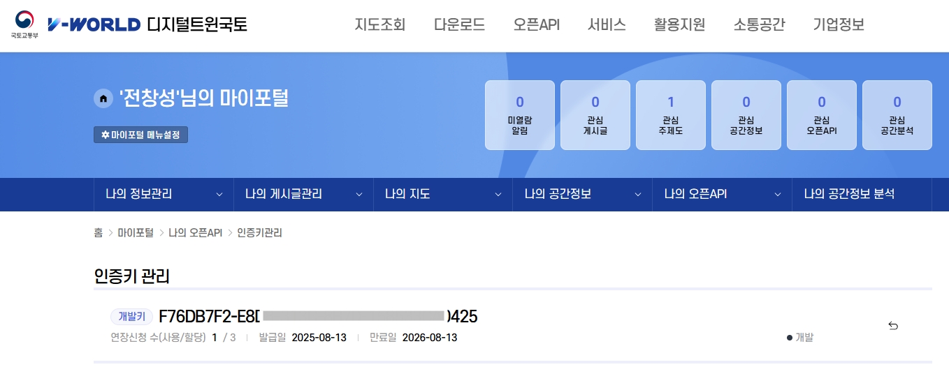 Screenshot of API key issuance from VWorld, official Korean government spatial data platform