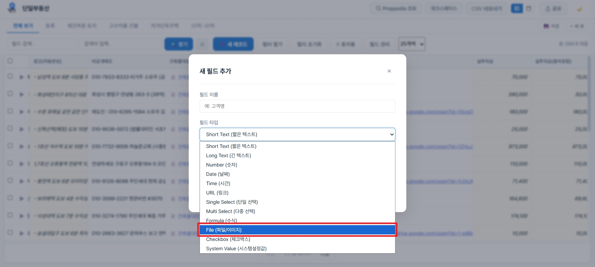 File 필드 타입 선택