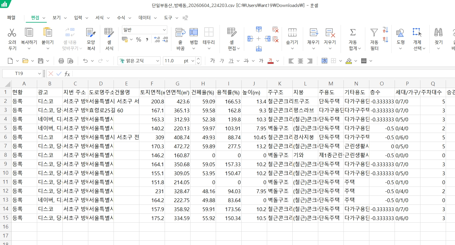 내보낸 CSV를 표 프로그램에서 연 화면